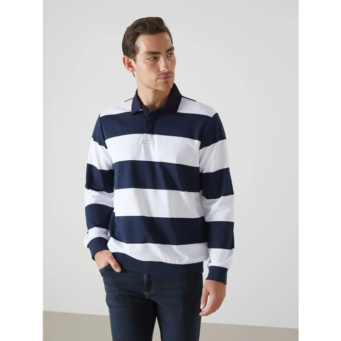 LCWAIKIKI Basic Lacivert Polo Yaka Uzun Kollu Çizgili Erkek Sweatshirt