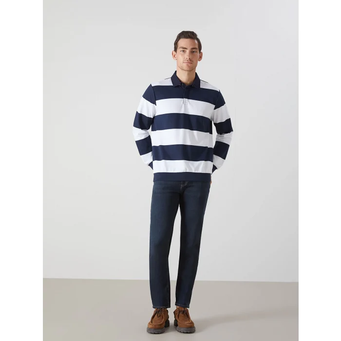 LCWAIKIKI Basic Lacivert Polo Yaka Uzun Kollu Çizgili Erkek Sweatshirt
