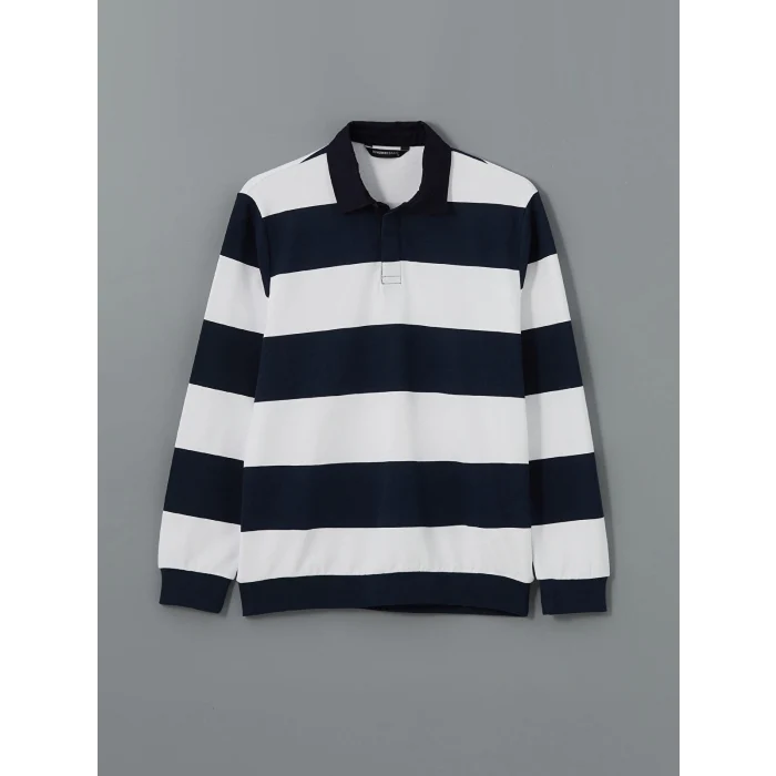 LCWAIKIKI Basic Lacivert Polo Yaka Uzun Kollu Çizgili Erkek Sweatshirt