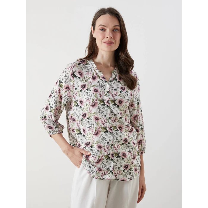 LCW Grace Ekru Kaçık Yaka Çiçekli Kadın Bluz