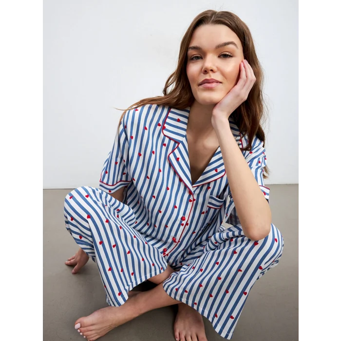 LCW DREAM Indigo Gömlek Yaka Desenli Kadın Pijama Takımı