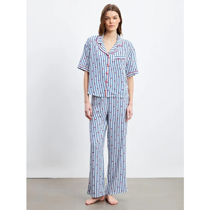 LCW DREAM Indigo Gömlek Yaka Desenli Kadın Pijama Takımı