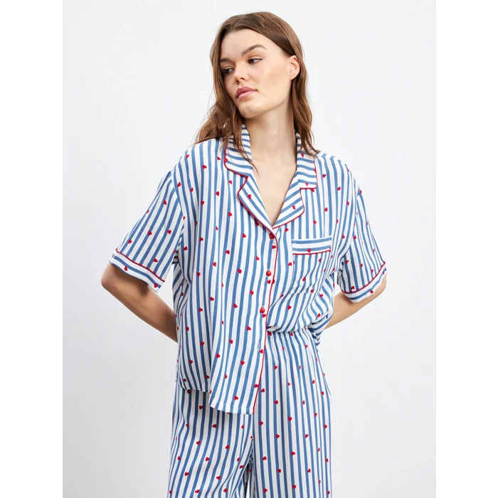 LCW DREAM Indigo Gömlek Yaka Desenli Kadın Pijama Takımı