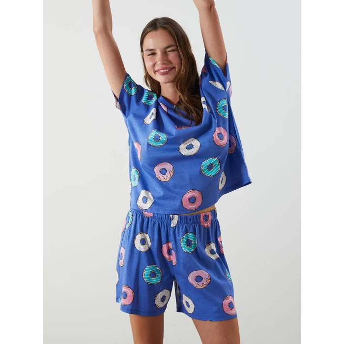 LCW Young Mavi Bisiklet Yaka Desenli Kadın Şortlu Pijama Takımı