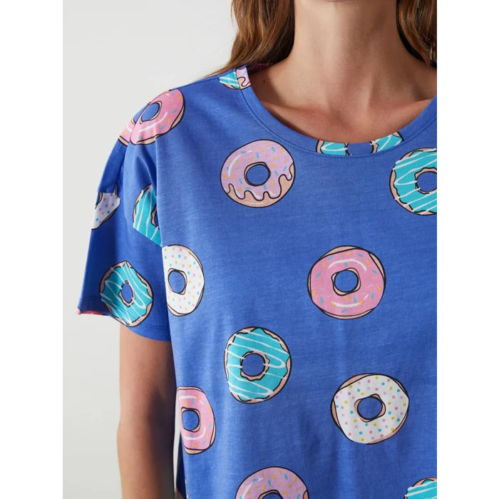 LCW Young Mavi Bisiklet Yaka Desenli Kadın Şortlu Pijama Takımı