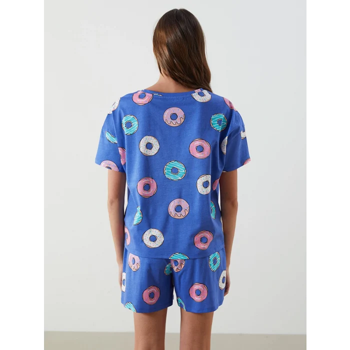 LCW Young Mavi Bisiklet Yaka Desenli Kadın Şortlu Pijama Takımı