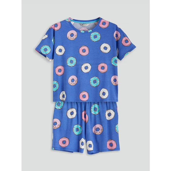 LCW Young Mavi Bisiklet Yaka Desenli Kadın Şortlu Pijama Takımı