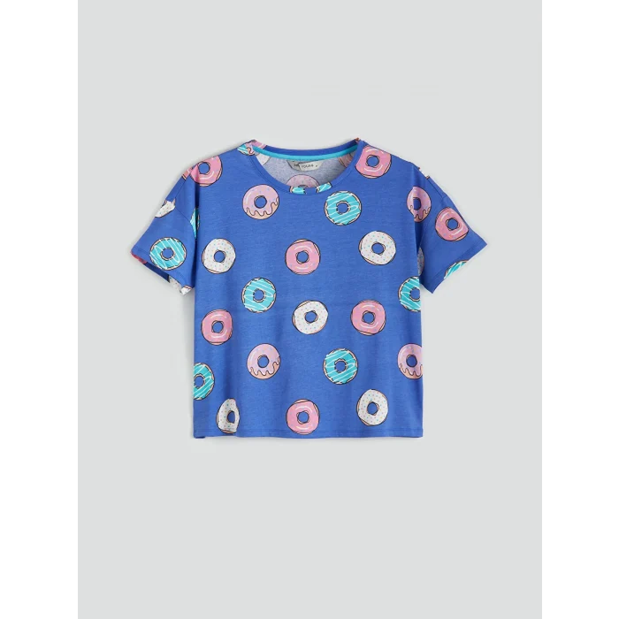 LCW Young Mavi Bisiklet Yaka Desenli Kadın Şortlu Pijama Takımı