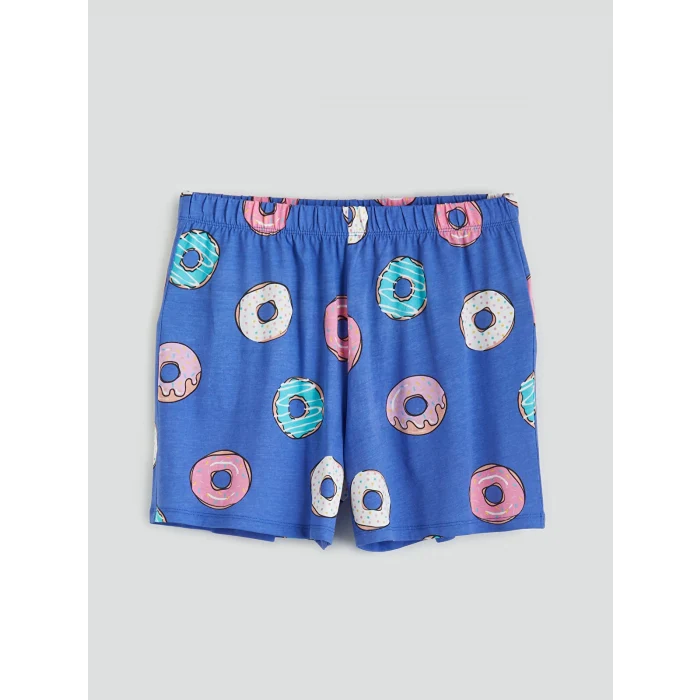 LCW Young Mavi Bisiklet Yaka Desenli Kadın Şortlu Pijama Takımı