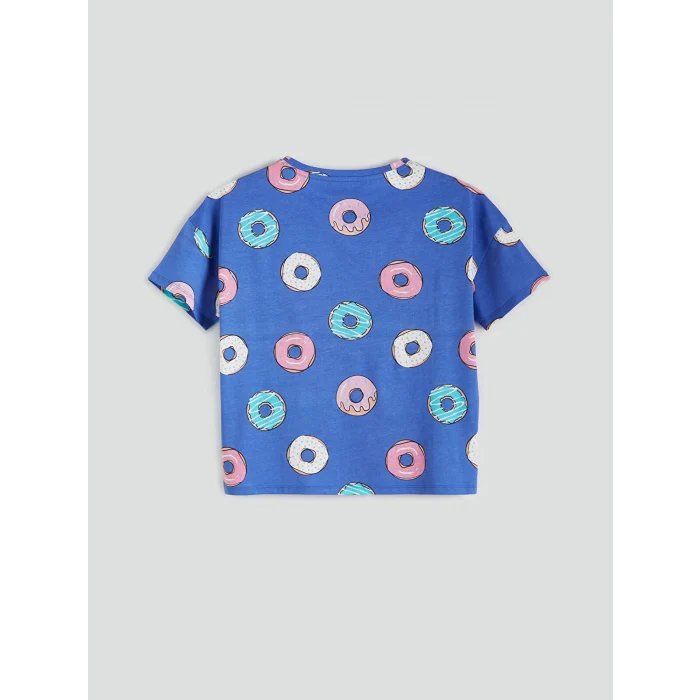 LCW Young Mavi Bisiklet Yaka Desenli Kadın Şortlu Pijama Takımı