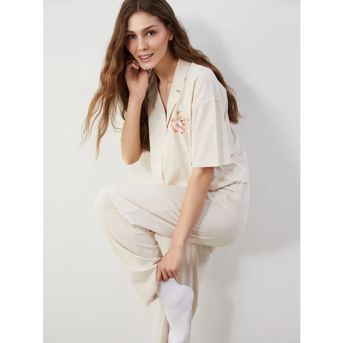LCW Young Bej Gömlek Yaka Ayı Teddy Baskılı Kadın Pijama Takımı