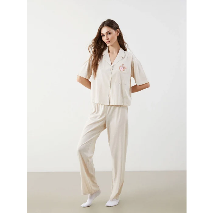LCW Young Bej Gömlek Yaka Ayı Teddy Baskılı Kadın Pijama Takımı