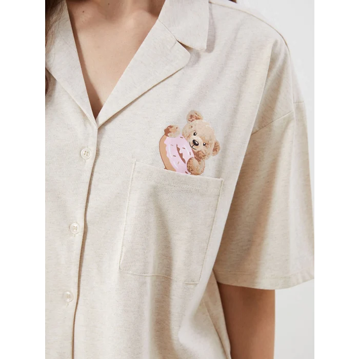 LCW Young Bej Gömlek Yaka Ayı Teddy Baskılı Kadın Pijama Takımı