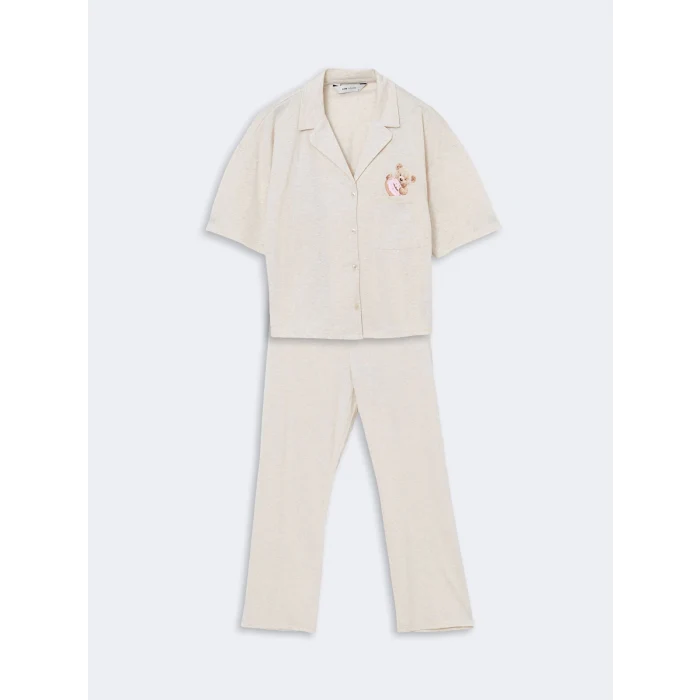 LCW Young Bej Gömlek Yaka Ayı Teddy Baskılı Kadın Pijama Takımı
