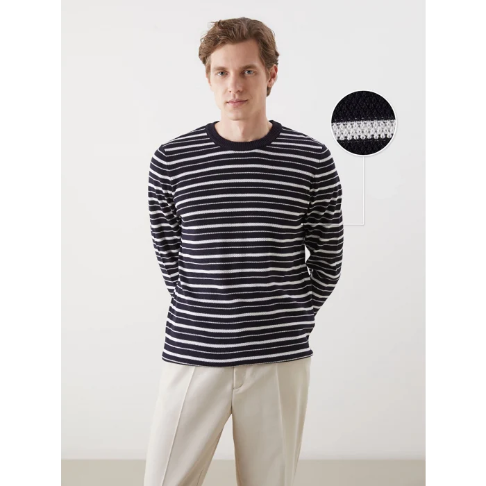 LCWAIKIKI Classic Lacivert Bisiklet Yaka Çizgili Erkek Dokulu Triko Kazak