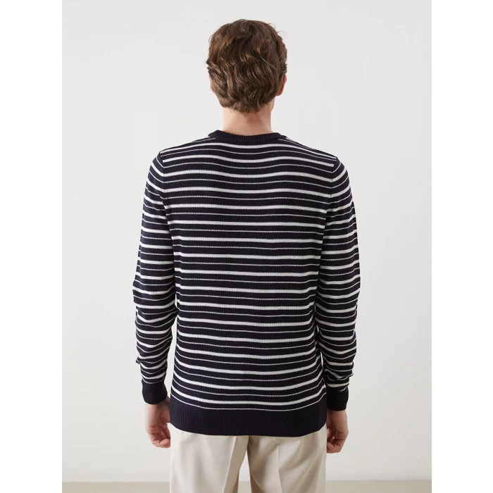 LCWAIKIKI Classic Lacivert Bisiklet Yaka Çizgili Erkek Dokulu Triko Kazak