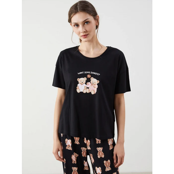 LCW Young Siyah Bisiklet Yaka Ayı Teddy Baskılı Kadın Kaprili Pijama Takımı