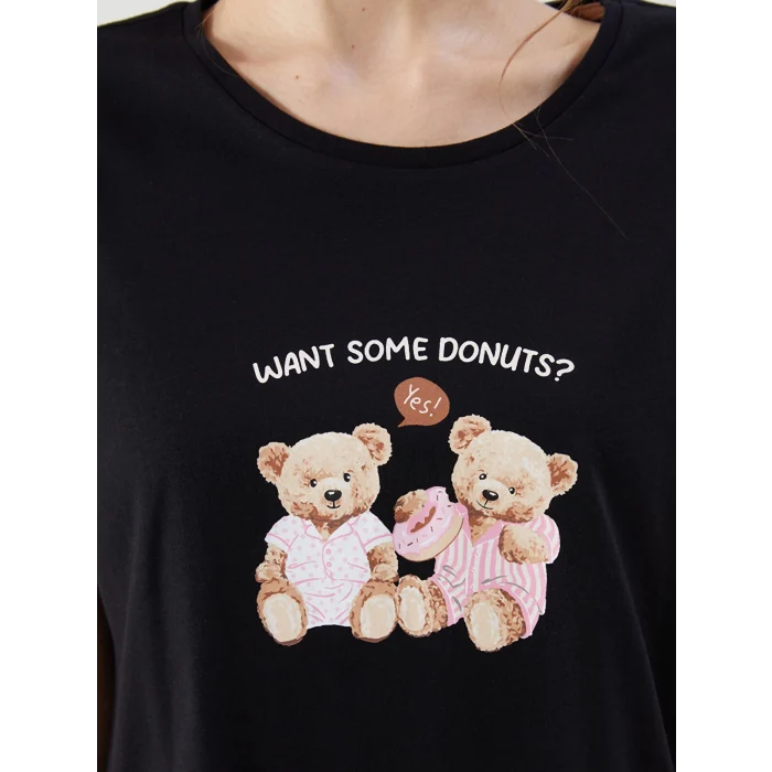 LCW Young Siyah Bisiklet Yaka Ayı Teddy Baskılı Kadın Kaprili Pijama Takımı