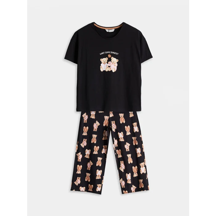 LCW Young Siyah Bisiklet Yaka Ayı Teddy Baskılı Kadın Kaprili Pijama Takımı