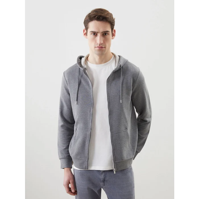 LCWAIKIKI Basic Gri Kapüşonlu Uzun Kollu Erkek Fermuarlı Sweatshirt