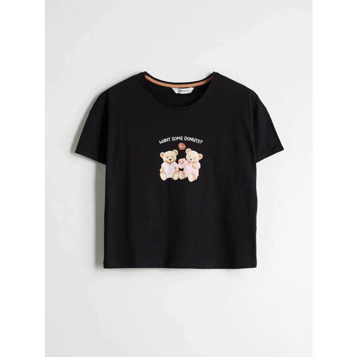 LCW Young Siyah Bisiklet Yaka Ayı Teddy Baskılı Kadın Kaprili Pijama Takımı