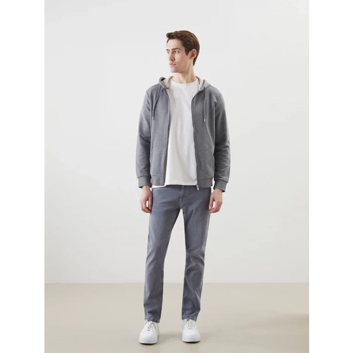LCWAIKIKI Basic Gri Kapüşonlu Uzun Kollu Erkek Fermuarlı Sweatshirt