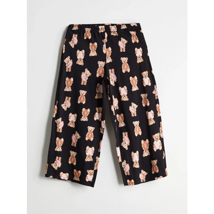 LCW Young Siyah Bisiklet Yaka Ayı Teddy Baskılı Kadın Kaprili Pijama Takımı