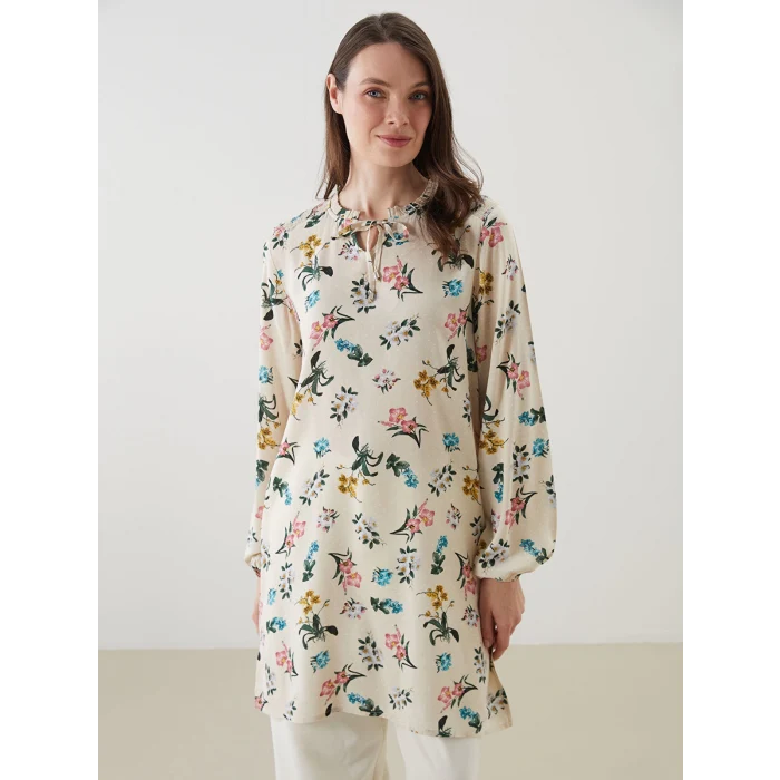 LCW Grace Bej Bağlamalı Yaka Çiçekli Kadın Tunik