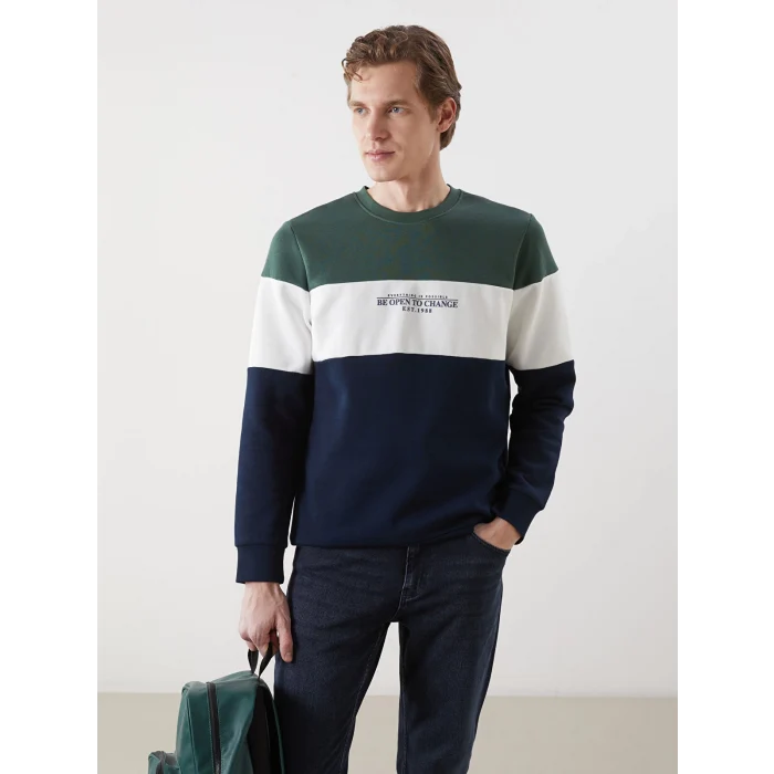 LCWAIKIKI Classic Lacivert Bisiklet Yaka Uzun Kollu Renk Bloklu Erkek Sweatshirt