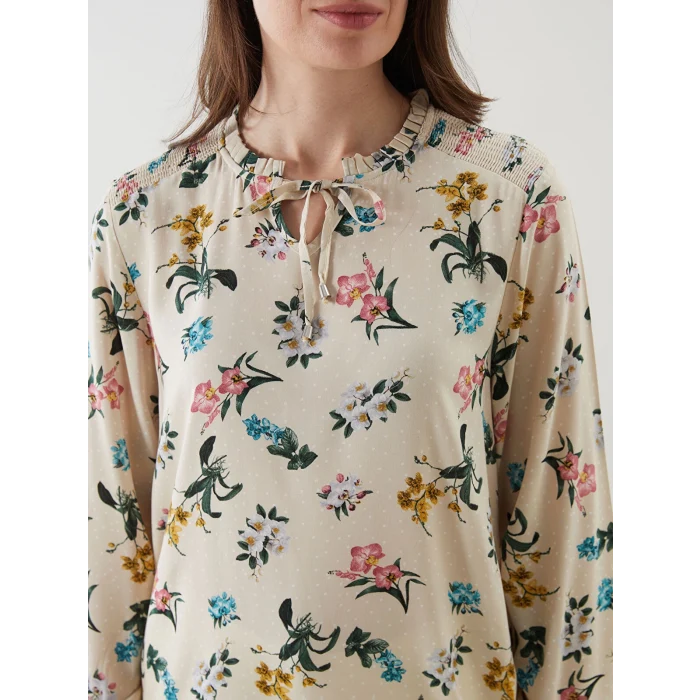 LCW Grace Bej Bağlamalı Yaka Çiçekli Kadın Tunik