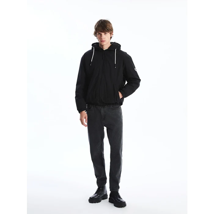 XSIDE Siyah Rahat Kalıp Kapüşonlu Erkek Orta Kalın Mont
