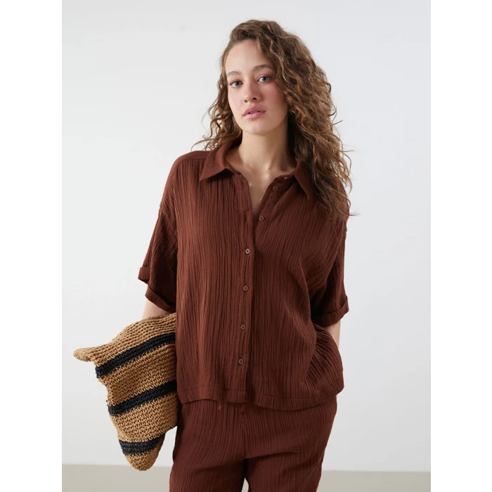 LCWAIKIKI Classic Kahverengi Dokulu Oversize Kadın Gömlek