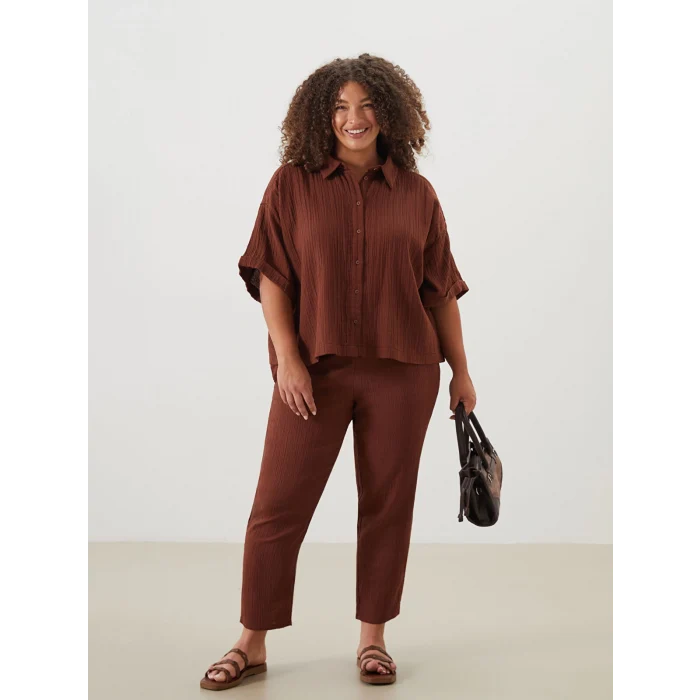 LCWAIKIKI Classic Kahverengi Dokulu Oversize Kadın Gömlek