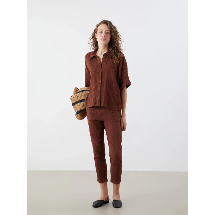 LCWAIKIKI Classic Kahverengi Dokulu Oversize Kadın Gömlek