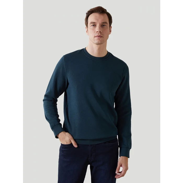 LCWAIKIKI Basic Petrol Bisiklet Yaka Uzun Kollu Baskılı Erkek Sweatshirt
