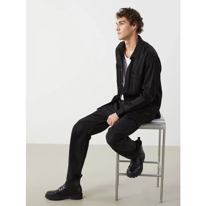 XSIDE Siyah Rahat Kalıp Gabardin Erkek Kargo Pantolon