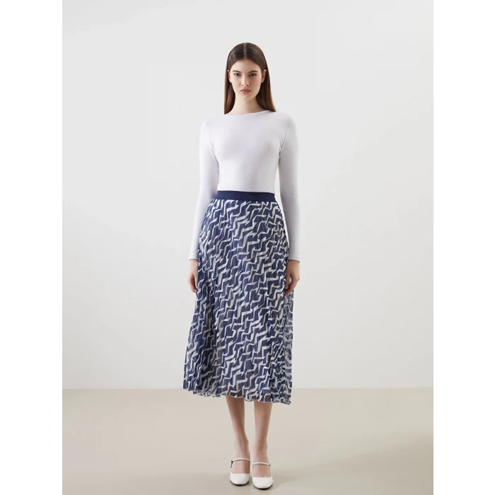 LCW Modest Mavi Beli Lastikli Desenli Şifon Kadın Pileli Etek