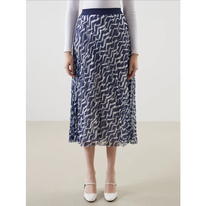 LCW Modest Mavi Beli Lastikli Desenli Şifon Kadın Pileli Etek