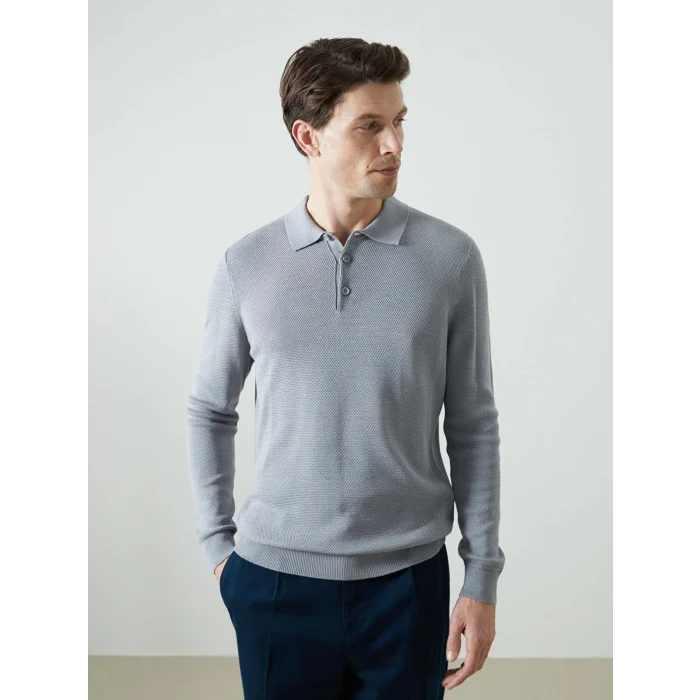 LCWAIKIKI Classic Gri Polo Yaka Uzun Kollu Erkek Triko Kazak