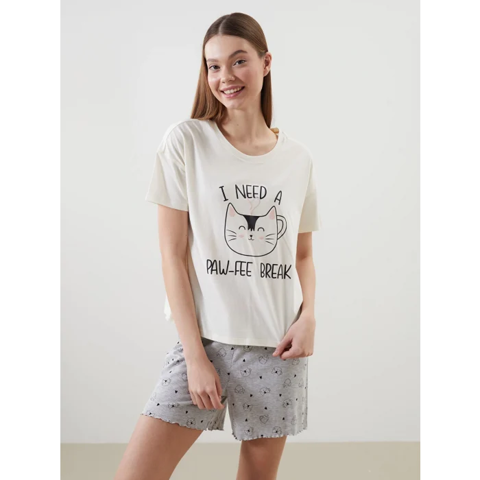 LCW DREAM Gri Bisiklet Yaka Baskılı Kadın Şortlu Pijama Takımı