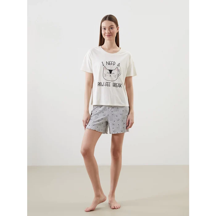 LCW DREAM Gri Bisiklet Yaka Baskılı Kadın Şortlu Pijama Takımı