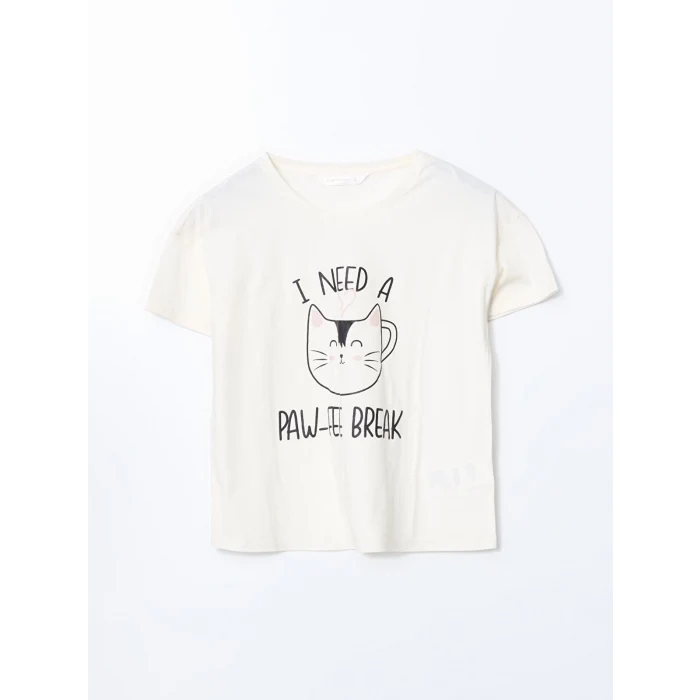 LCW DREAM Gri Bisiklet Yaka Baskılı Kadın Şortlu Pijama Takımı