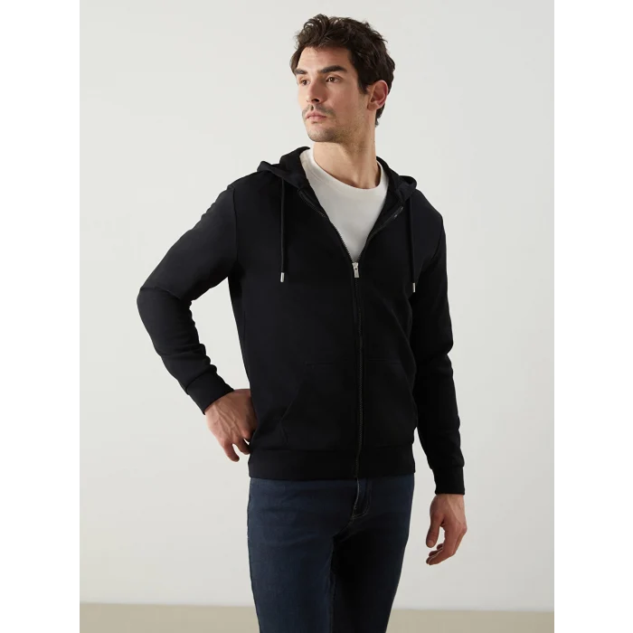 LCWAIKIKI Basic Siyah Kapüşonlu Uzun Kollu Erkek Fermuarlı Sweatshirt