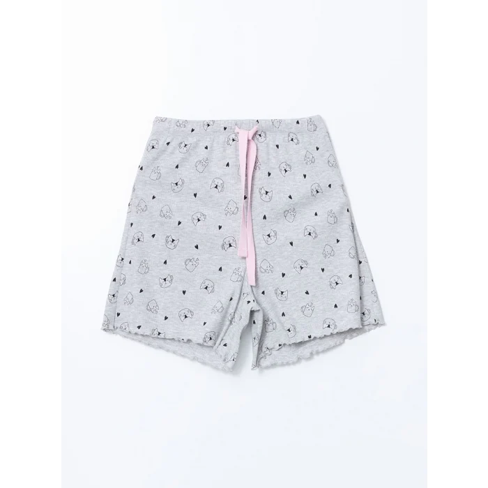 LCW DREAM Gri Bisiklet Yaka Baskılı Kadın Şortlu Pijama Takımı