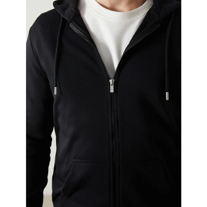 LCWAIKIKI Basic Siyah Kapüşonlu Uzun Kollu Erkek Fermuarlı Sweatshirt