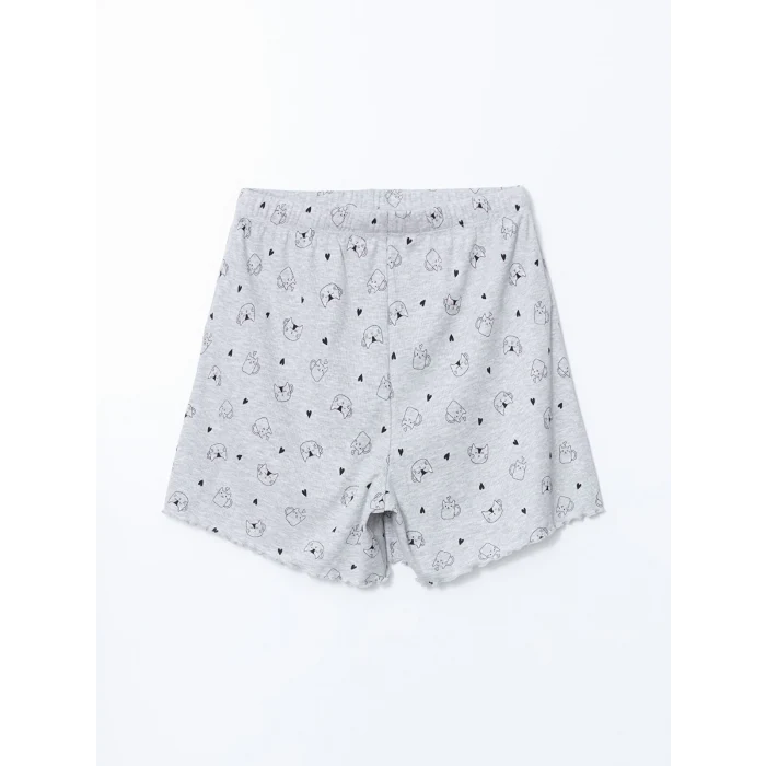 LCW DREAM Gri Bisiklet Yaka Baskılı Kadın Şortlu Pijama Takımı