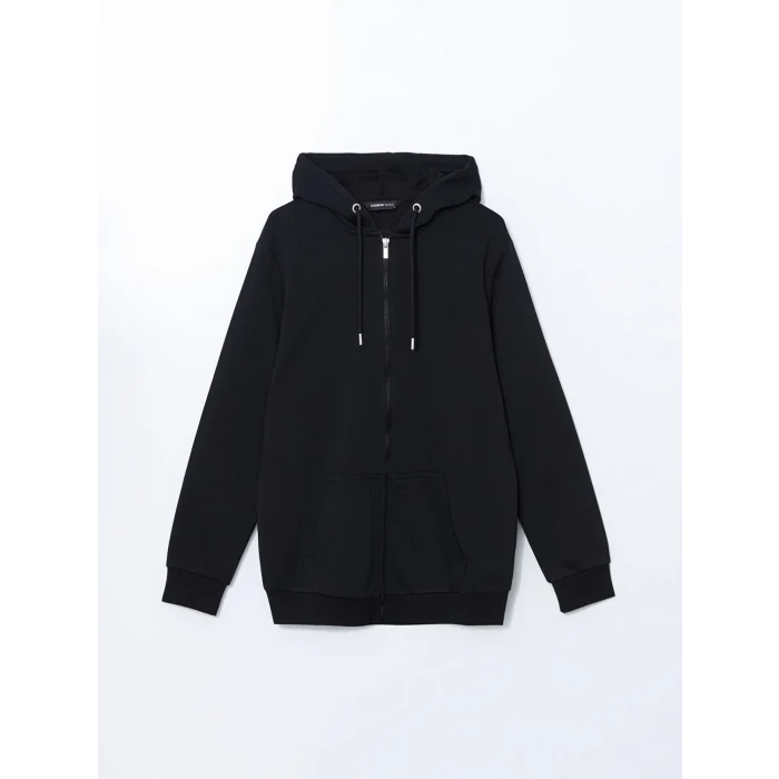 LCWAIKIKI Basic Siyah Kapüşonlu Uzun Kollu Erkek Fermuarlı Sweatshirt