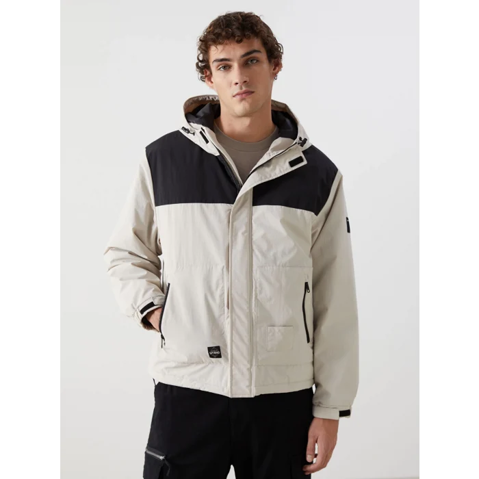 XSIDE Bej Rahat Kalıp Kapüşonlu Erkek Orta Kalın Mont