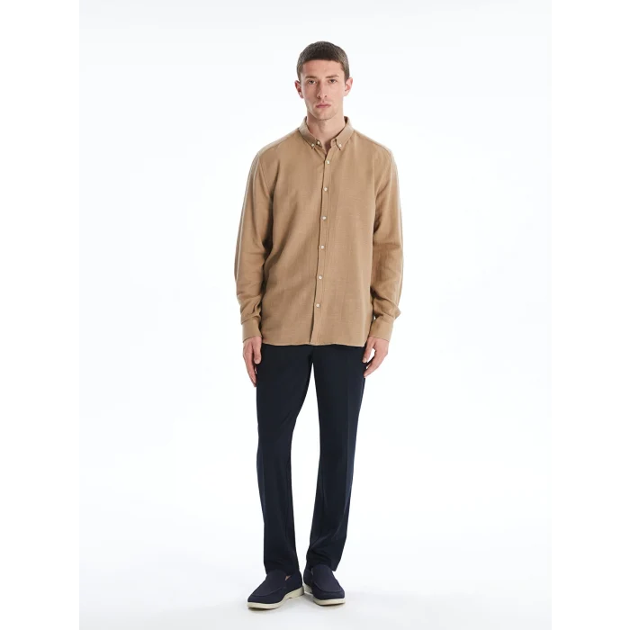 LCW Vision Bej Slim Fit Uzun Kollu Armürlü Erkek Gömlek