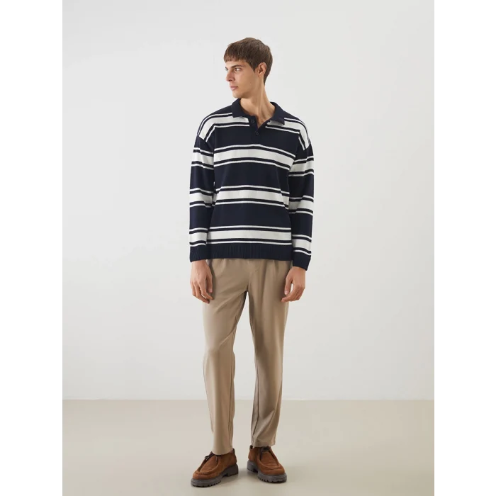 XSIDE Lacivert Polo Yaka Çizgili Erkek Triko Kazak